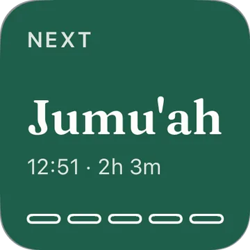 Small widget: next, Jumu'ah, 12:51, in 2 hours 3 minutes, with five prayer markers.